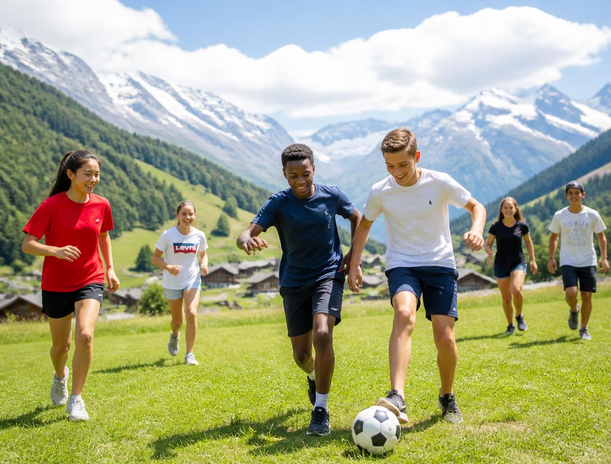 Jeunes jouant au football dans un pré alpin lors du camp d'été en Suisse